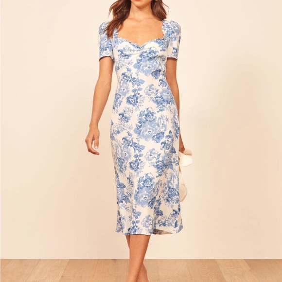 Reformation Marfa Blue White Floral Midi Dress sz 10 - Picture 1 of 1